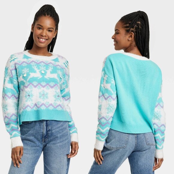 Large - Womens Reindeer Graphic Sweater - Blue - Picture 1 of 7